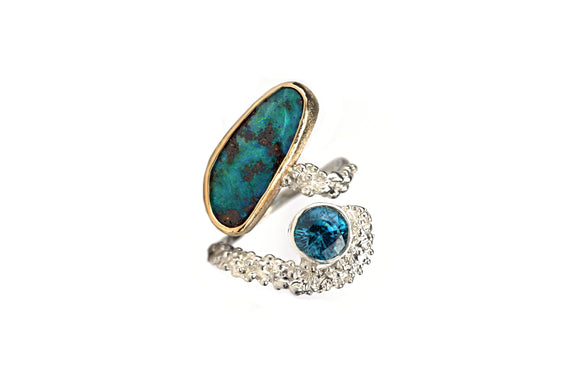 Boulder Opal and Blue Zircon Ring