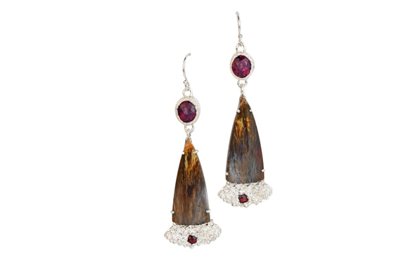 Fossilized Palm Root and Rhodolite Garnet Earrings