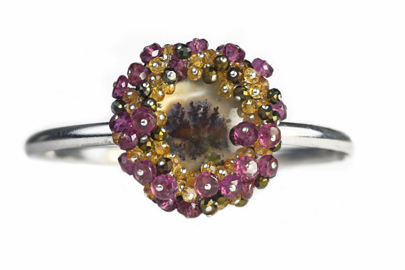 Moss Quartz Cuff with Sapphires and Rhodolite Garnets