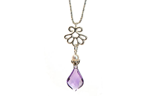 Pale Amethyst And Pearl On Arabesque Pendant In Sterling Silver