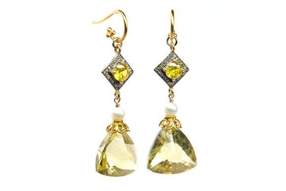 Lemon Quartz with Diamonds and Sapphire Earrings